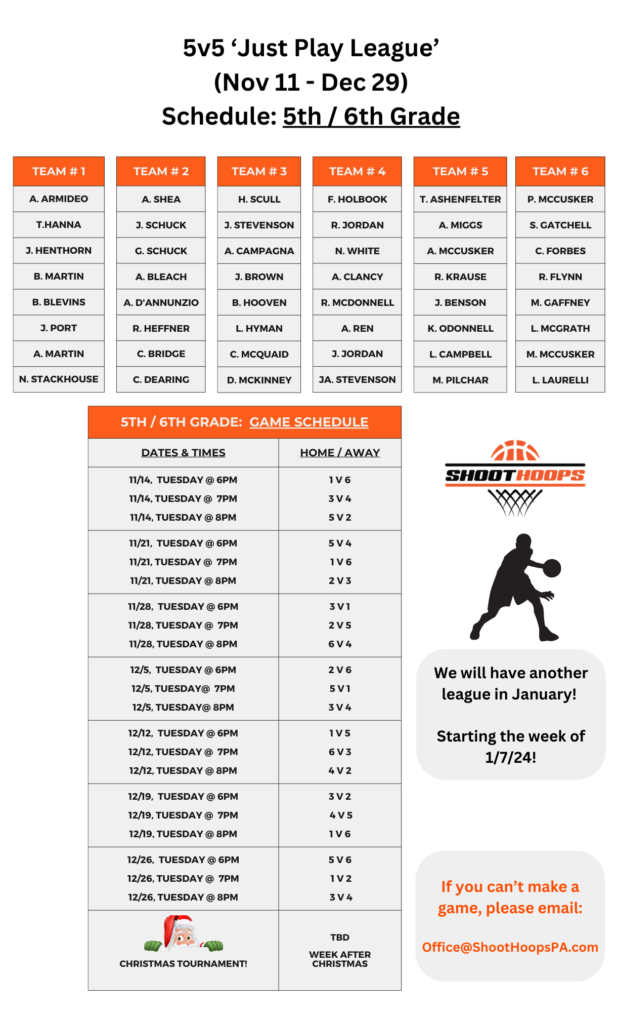 5v5 Just Play League Schedule 5th & 6th Grade Shoot Hoops PA