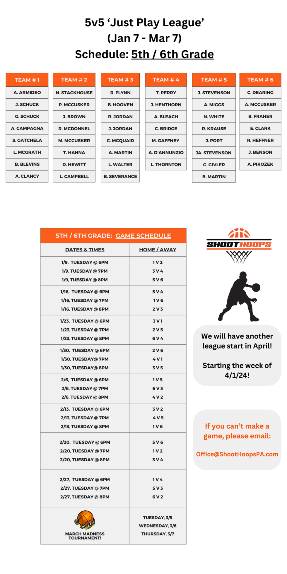 5v5 Just Play League Schedule 5th & 6th Grade Shoot Hoops PA