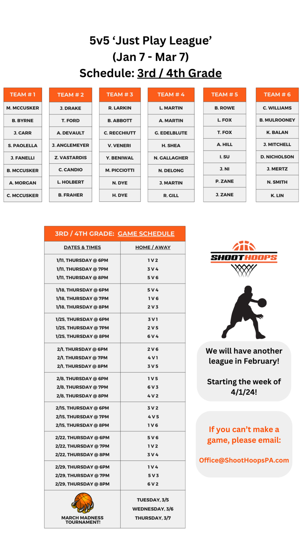 5v5 Just Play League Schedule 3rd & 4th Grade Shoot Hoops PA
