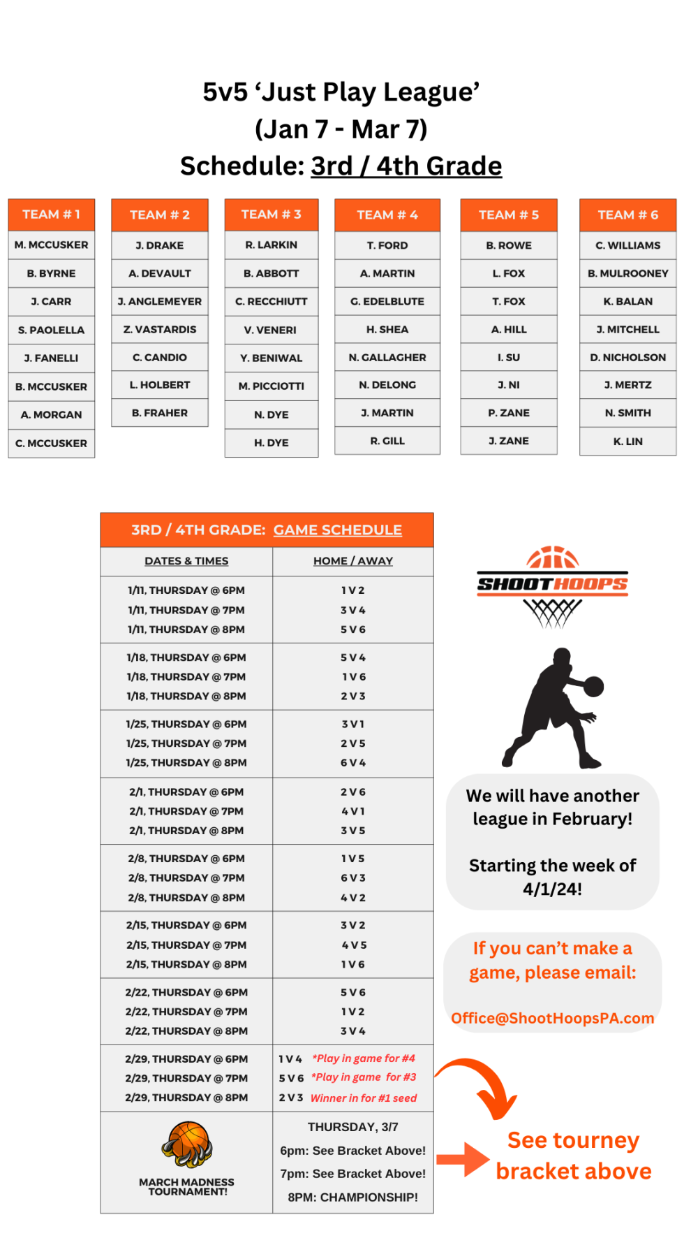 5v5 Just Play League Schedule - 3rd & 4th Grade - Shoot Hoops PA